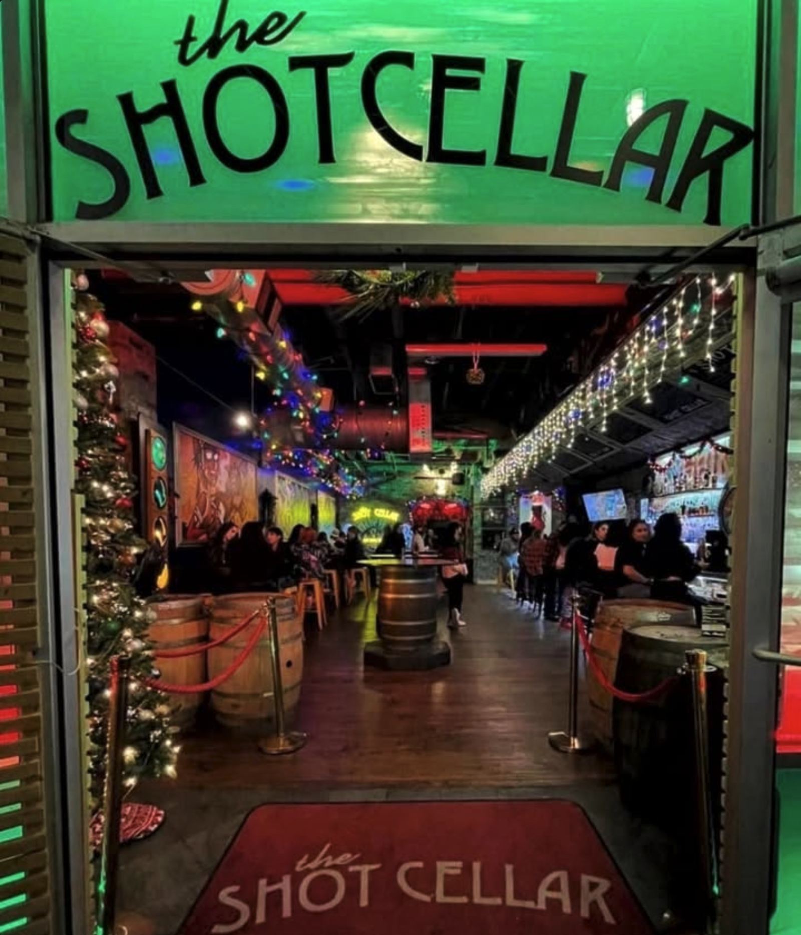 The Shot Cellar entrance at night