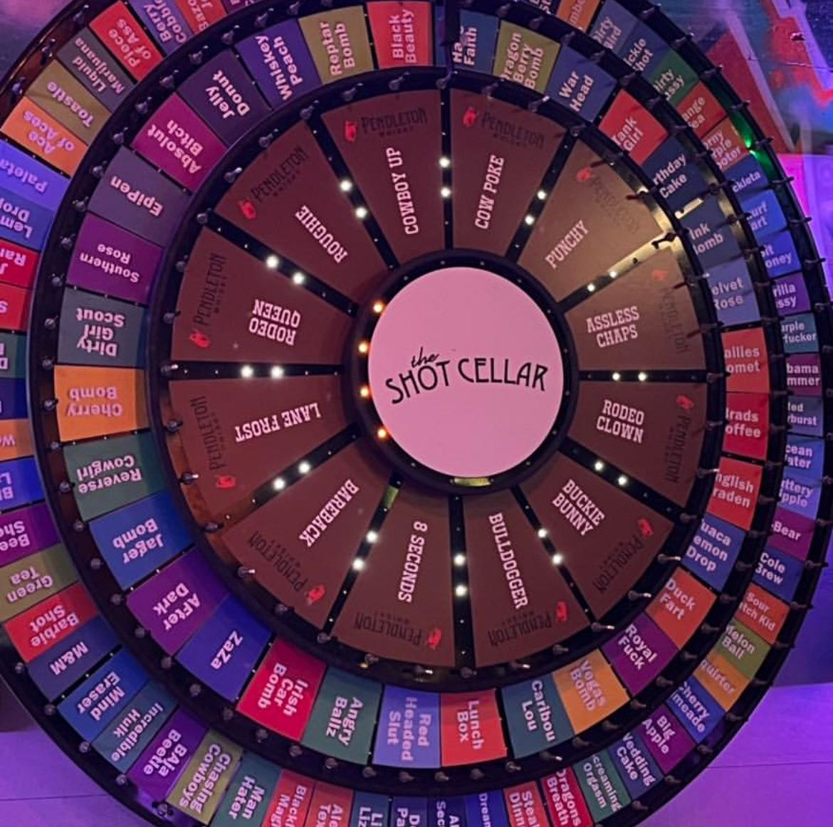 The wheel during the Fort Worth Stock Show, with the inner Death Wheel renamed Rodeo Queen, Lane Frost, Bulldogger and Barbwire